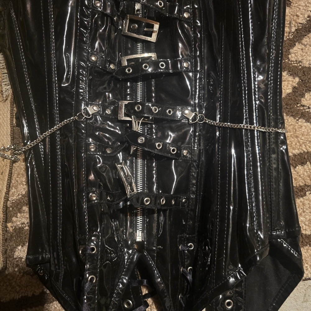Black Patent Leather Corset with Silver Accents